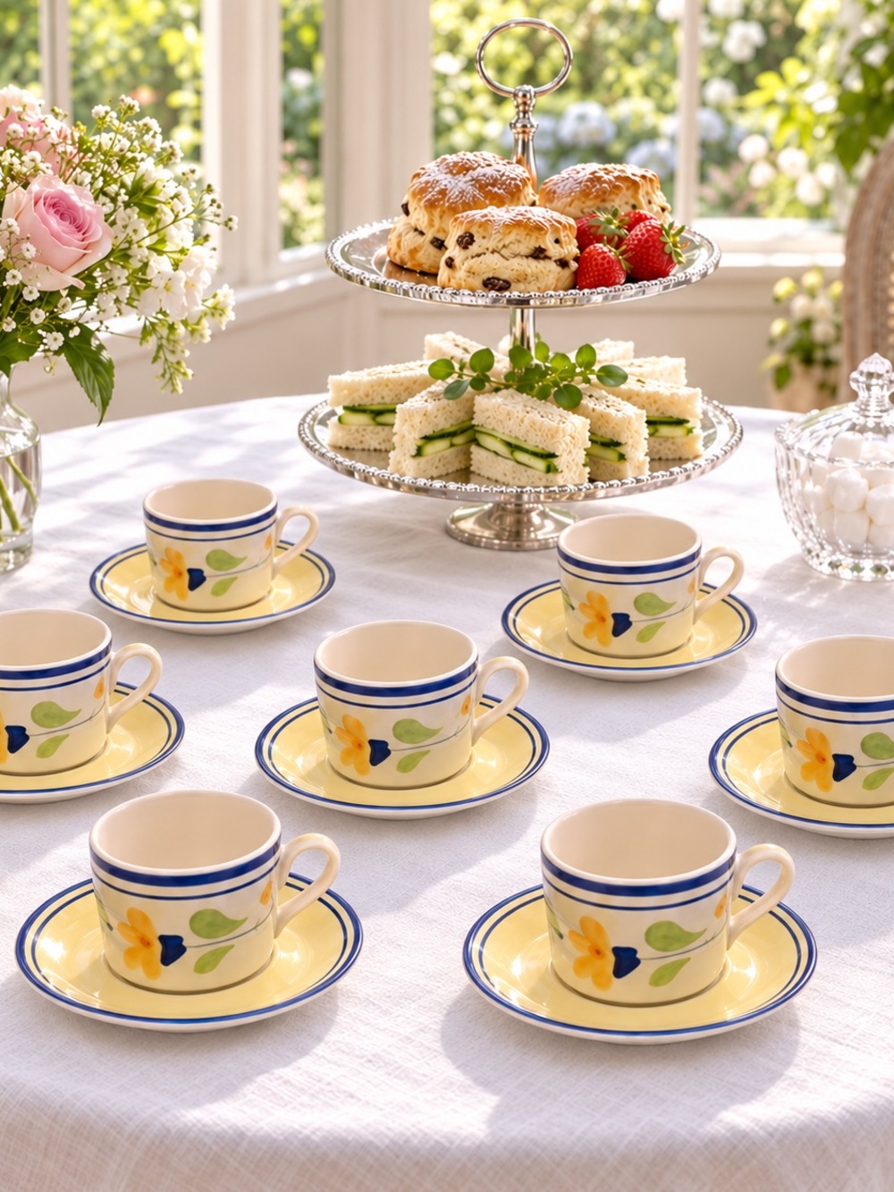Essential Home Floral Espresso Cups & Saucers 14-Piece Set Service for 7